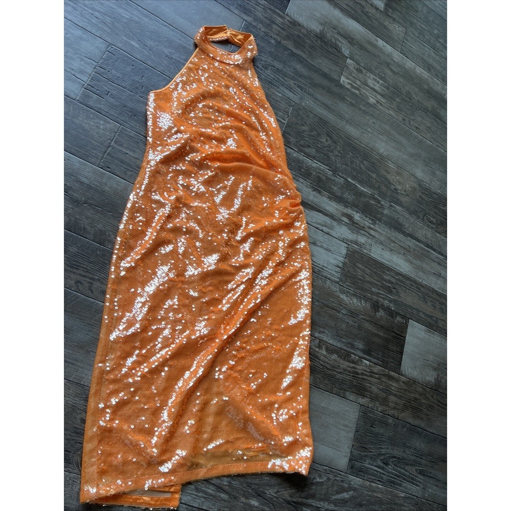 Caroline Constas Orange Sequin Halter Midi Dress Cocktail Party Size Medium NWT